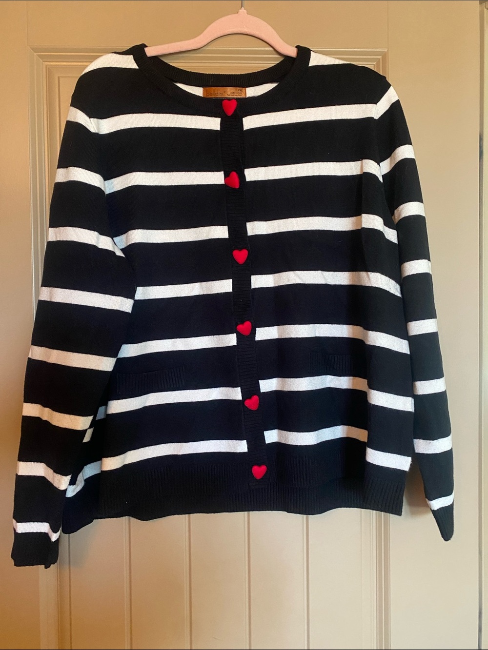 Striped Black and White Heart-Button Cardigan Sweater